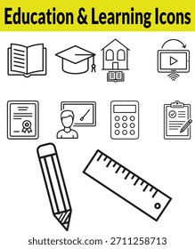 Conjunto de iconos de línea de Educación y aprendizaje: escuela, estudio, libro, símbolos de conocimiento
