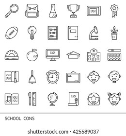 Education and learning line icons set. School objects and college items, teaching symbols and educational equipment. Isolated on white background.
