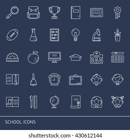 Education and learning line icons set. School objects and college items, teaching symbols and educational equipment. Isolated on dark background.
