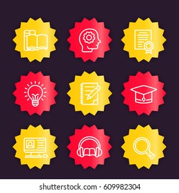education, learning linear icons, vector badges set
