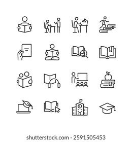 Education and Learning, linear style icon set. Study, teaching, and academic tools. Books, graduation caps, online courses, and classroom environments. Editable stroke width