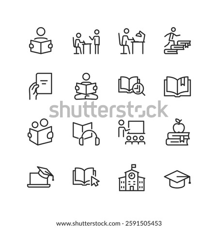 Education and Learning, linear style icon set. Study, teaching, and academic tools. Books, graduation caps, online courses, and classroom environments. Editable stroke width