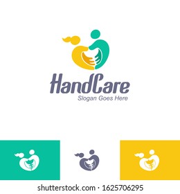 Education learning logo template modern vector abstract design concept hand kids boy girl play toys icon emblem for courses classes schools baby care
