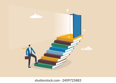 Education or learning for new opportunity, wisdom or knowledge to open door to success, solution, growth or career learning concept, businessman climb up book stack stair to reach opportunity door.