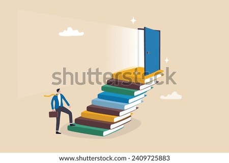 Education or learning for new opportunity, wisdom or knowledge to open door to success, solution, growth or career learning concept, businessman climb up book stack stair to reach opportunity door.