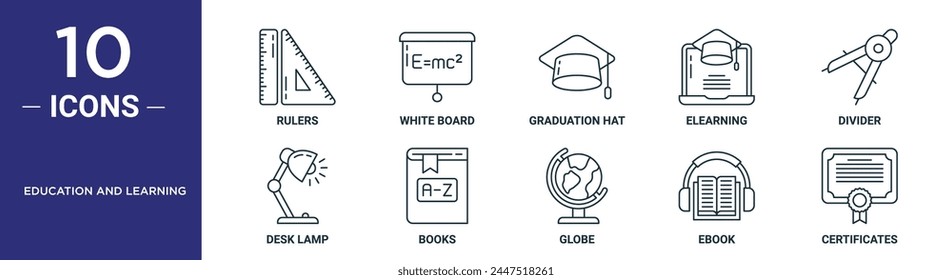 el conjunto de iconos de esquema de educación y aprendizaje incluye Reglas de línea delgada, pizarra blanca, sombrero de graduación, e-learning, divisor, lámpara de escritorio, iconos de libros para informe, presentación, diagrama, Diseño web