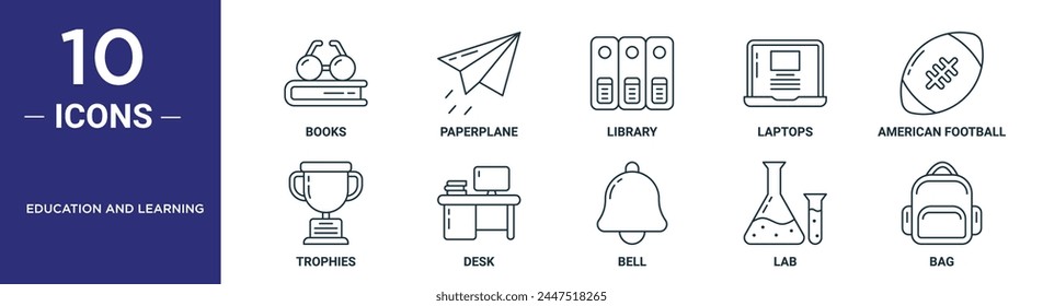 education and learning outline icon set includes thin line books, paperplane, library, laptops, american football, trophies, desk icons for report, presentation, diagram, web design