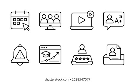 Education, learning outline icon set - online, digital,  virtual classroom symbols