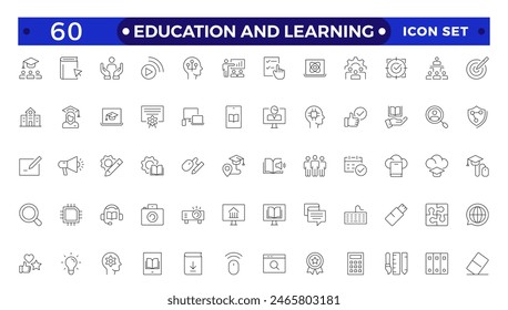 Conjunto de iconos de esquema de Educación y aprendizaje. Educación Video Sitio web, escuela, aprendizaje, universidad, libro de texto.Conteniendo 
