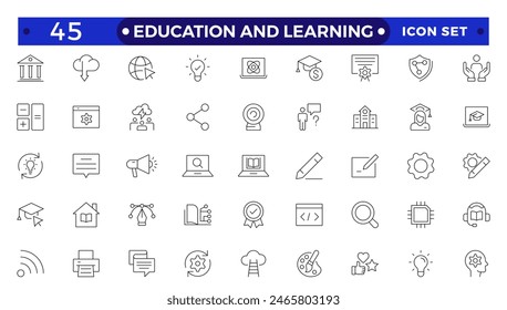 Education and Learning Outline icons set. Education, School, Learning, university, textbook.Containing video tuition, e-learning, online courses, educational websites, and digital education icons. 
