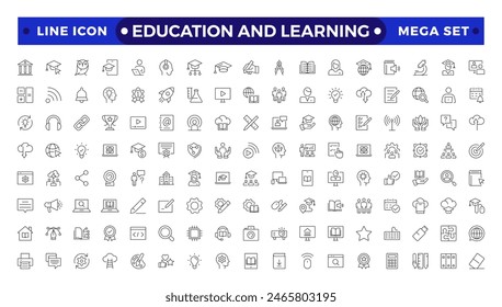 Education and Learning Outline icons set. Education, School, Learning, university, textbook.Containing video tuition, e-learning, online courses, educational websites, and digital education icons. 
