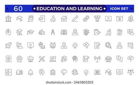 Education and Learning Outline icons set. Education, School, Learning, university, textbook.Containing video tuition, e-learning, online courses, educational websites, and digital education icons. 
