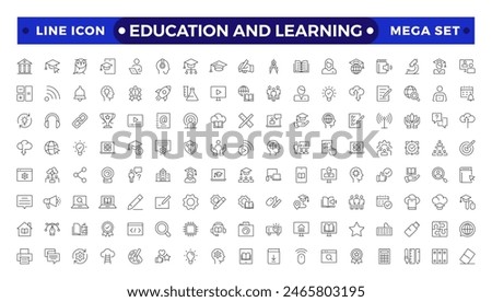 Education and Learning Outline icons set. Education, School, Learning, university, textbook.Containing video tuition, e-learning, online courses, educational websites, and digital education icons. 
