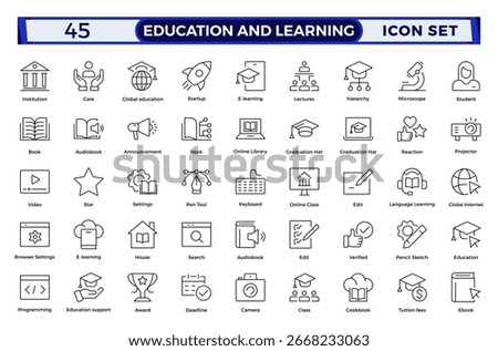 Education and Learning Outline icons set. Education, School, Learning, university, textbook.Containing video tuition, e-learning, online courses, educational websites, and digital education icons. 
