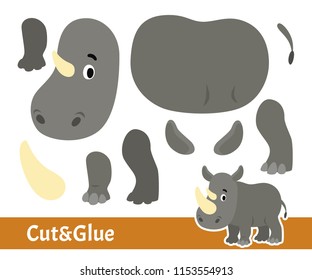 Documento de educación para niños. Juego de corte y juego para niños de preescolar con caricatura de rinoceronte. Ilustración vectorial