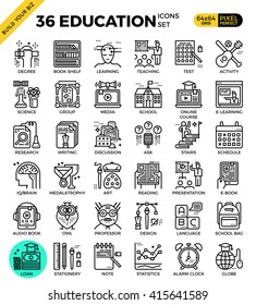 Education & Learning pixel perfect outline icons modern style for website or print illustration