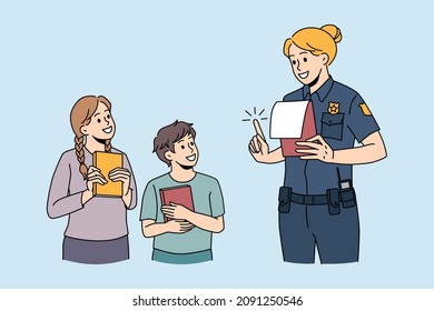 Education and learning police concept. Smiling children standing with notebooks and looking at policewoman telling them rules and teaching vector illustration 