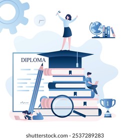 Educação, processo de aprendizagem, formação conceitual. Pilha de livros, diplomas e estudantes inteligentes. Feliz pós-graduação universitária menina de pé em grande chapéu de graduação. Ilustração de vetor de estilo moderno