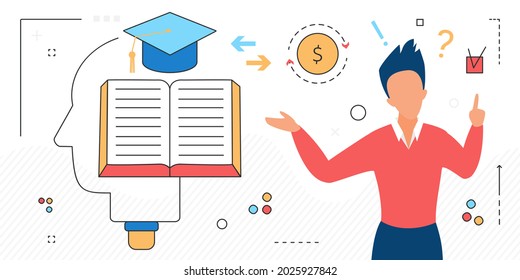 Education, learning process line icons and graduate man character isolated on white