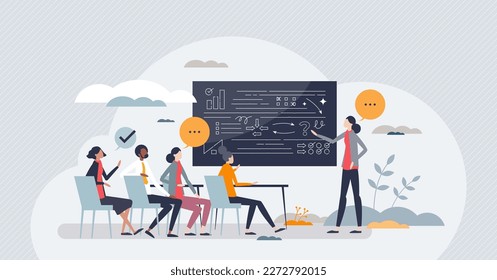 Education and learning process in university classroom tiny person concept. Students teaching from smart mentor and presentation on blackboard vector illustration. Academical class knowledge training