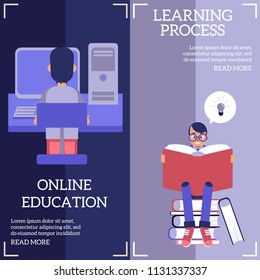 Education and learning process vertical banners set with cute flat cartoon characters of students studying online and reading big book. Vector illustration of back to school concept.