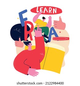 Education, learning, reading a book flat vector illustration. Classes, lessons, training courses, tutorials. Young happy friends reading. Library, bookstore concept for mobile and web graphics