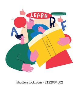 Education, learning, reading a book flat vector illustration. Classes, lessons, training courses, tutorials. Young happy friends reading. Library, bookstore concept for mobile and web graphics