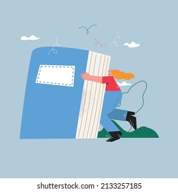 Education, learning, reading a book flat vector illustration. Classes, lessons, training courses, tutorials. Young happy woman reading. Library, bookstore concept for mobile and web graphics