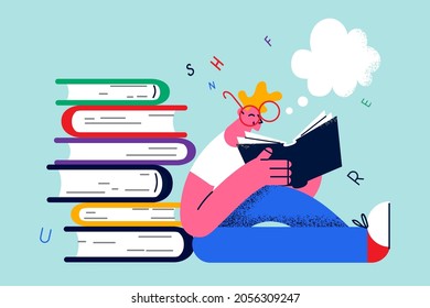 Education, learning and reading books concept. Smiling boy cartoon character sitting reading book with interest leaning on heap of books vector illustration