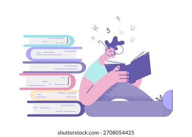 Concepto de Educación, aprendizaje y lectura de libros. Niño sonriente personaje de dibujos animados sentado leyendo libro con interés apoyado en un montón de libros Ilustración vectorial