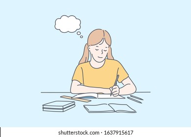 Education, learning, school concept. Happy girl studies subjects at school. Kid pupil engaged in education writing. Schoolgirl is learning or thinking about solving exercise. Simple flat vector