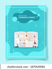 education learning science people scientist discussion in library for template of banners, flyer, books cover, magazines with liquid shape style vector design illustration