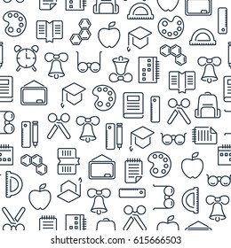 Education learning seamless pattern with lined school icons and elements on white background vector illustration