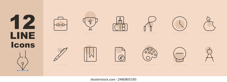 Education and learning set icon. Briefcase, trophy, ABC blocks, jump rope, apple, clock, pen, book, grade sheet, paint palette, light bulb, compass. Vector line icon on beige background.