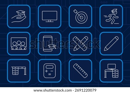 Education and learning set icon. Graduation cap, student, desk, computer, smartphone, target, ruler, pencil, classroom, calculator, e-learning tools.