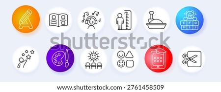 Education learning set icon. Pencil book music child height toy sandbox blocks star palette sun shapes tablet scissors line icons minimal outline style school collection.