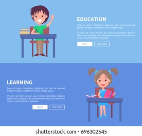 Education and Learning set of two vector images depicting kids both sitting at desks, smiling and studying with books and with places for text.