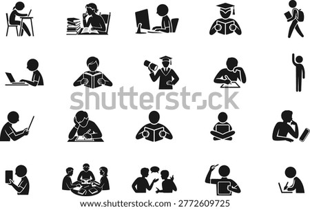 Education and learning silhouette icon set. Study and training black symbols – stock vector