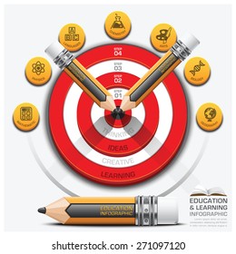 Education And Learning Step Infographic With Pencil Dartboard Subject Diagram Vector Design Template