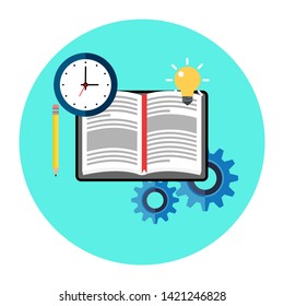 Education, learning, studying concept. with book  ,clock,pencil,gear,light bulb  flat design icon. Vector illustration - Vector 