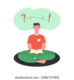 Education, learning, studying, reading a book, brainstorming flat vector illustration. Classes, lessons, training courses, tutorials concept. Young man reading. Cute illustration of a book lover