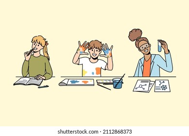 Education and learning subjects concept. Group of happy excited people children kids sitting learning writing painting and chemistry in class vector illustration 