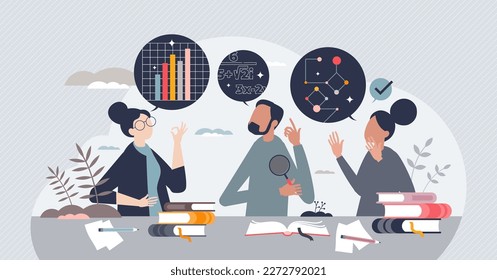 Education and learning from teachers and scientists tiny person concept. Academic process with book reading, topic discussion and wisdom sharing vector illustration. Focus on knowledge and cognition