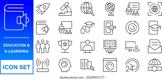 Bildung und Lernen dünne Linie Symbole gesetzt. Bildung, Schule, Lernen editierbare Schlaganfall-Symbole. Vektorgrafik