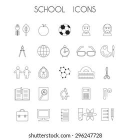 Education and learning  thin line icons set. Vector collection of high school objects , teaching symbols and educational equipment. Isolated on white background.