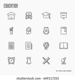 Education and learning thin line icons set, modern vector collection of high school objects and college items, teaching symbols and educational equipment. 
