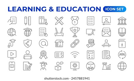 Education Learning thin line set. Back to school icon set with different vector icons related to education, success, academic subjects, and more. Education, School, editable stroke icons.