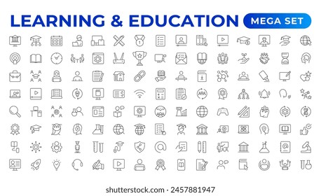 Educación Aprendizaje conjunto de líneas finas. Conjunto de iconos de regreso a la escuela con diferentes iconos vectoriales relacionados con la educación, el éxito, las materias académicas y más. Educación, Escuela, iconos de trazo editables.