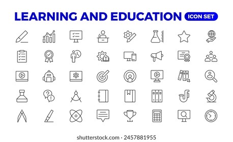 Educación Aprendizaje conjunto de líneas finas. Conjunto de iconos de regreso a la escuela con diferentes iconos vectoriales relacionados con la educación, el éxito, las materias académicas y más. Educación, Escuela, iconos de trazo editables.