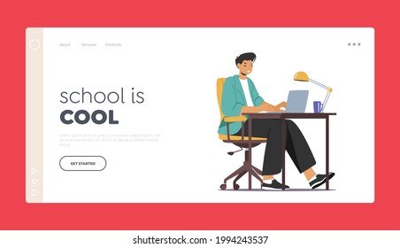 Education, Learning in University or College Landing Page Template. Student Character Work on Laptop Sitting in Dormitory Room Typing Homework, Watch Lecture or Webinar. Cartoon Vector Illustration